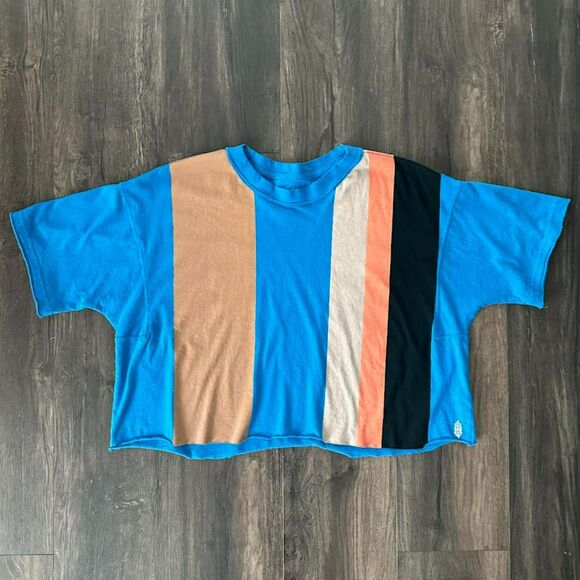 Free People Movement Inspire Oversized Boxy T-Shirt Crop Fit Blue Print Sz Small - Picture 1 of 6